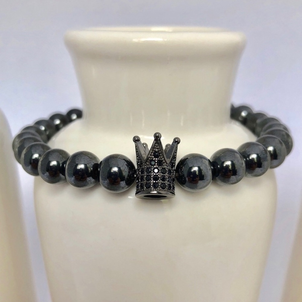 Mens King Hematite Gemstone Beaded Bracelet
